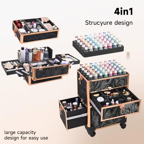 Somduy Rolling Makeup Case with Drawer, Makeup Train Case, Cosmetology Case on Wheels for Salon Barber, Rose Gold Black - color: Rose Gold Black