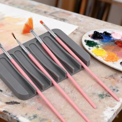 Penitue 2pcs Paint Brush Holder, Silicone Washable Paintbrush Organizer Stand with 8 Slots Brush Rinse Cleaner for Oil Acrylic Watercolor Painting (Gray, White)