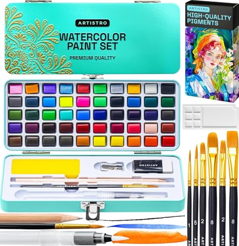 ARTISTRO Vivid Color Watercolor Paint Set - Portable Paint Art Kit with Palette and Brush Pens - Travel Water Color Set for Adults, Professionals, Kids - Art and Painting Supplies - Gift Idea - style: Portable Travel Mint