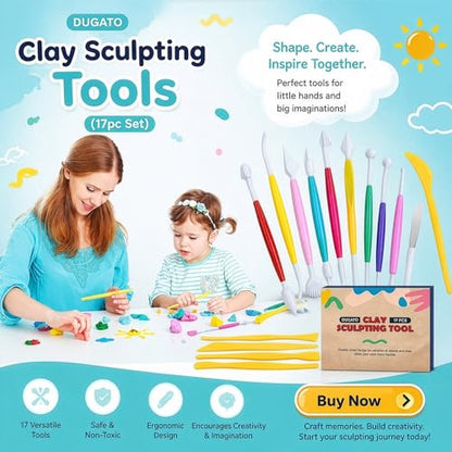 DUGATO Clay Sculpting Tools, 17 pc Double-Sided Modeling Set | Plastic Pottery Tools for Polymer Clay, Fondant, Cake Decorating & DIY Crafts, Dual-Ended Shaping Tips
