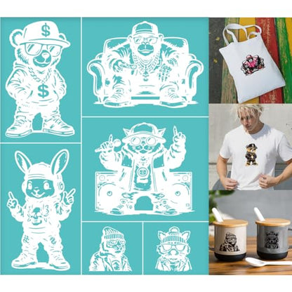 2 Sheets Trendy Animals Silkscreen Stencil, Fashion Bear Rabbit Cat Gorilla Tiger Reusable Stencils Templates Self-Adhesive Silk Screen Printing for Wall Border Wood Fabric Decor - style: Trendy Animals