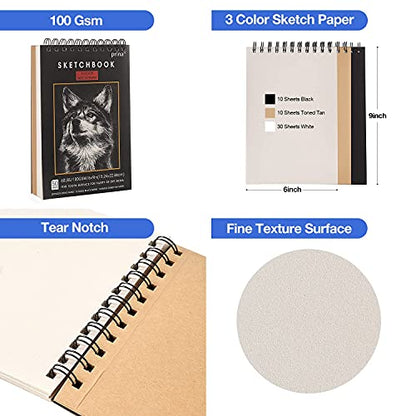 Prina 50 Pack Drawing Set Sketch Kit, Sketching Supplies with 3-Color Sketchbook, Graphite, and Charcoal Pencils, Pro Art Drawing Kit for Artists Adults Teens Beginner Kid, Ideal for Shading, Blending