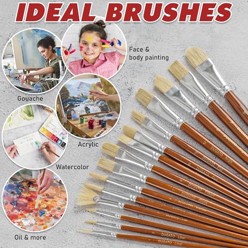DUGATO Paint Brush Set 15 pc with Pop-Up Case, Palette Knife & Sponges | Short Handle Hog Bristle Brushes for Oil, Acrylic, Gouache, Watercolor, Model & Craft, Includes Mixing Knife & Sponge - color: White Hog Hair - 15pcs