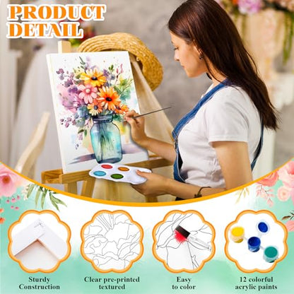 Humyoun 8 Sets 8" x 10" Flower Pre Drawn Canvas to Paint for Sip and Paint Party Floral Predrawn Coloring Set Pre Sketched Canvas Boards with Paints and Brushes for Adult - style: Flower