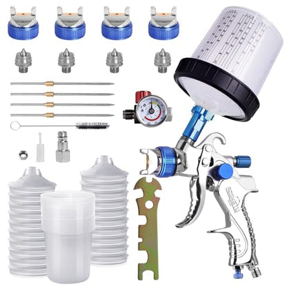 HVLP Spray Gun Kit with 4 Nozzles (1.4/1.7/2.0/2.5mm), Automotive Paint Spray Gun with 20 Disposable Paint Cups, 600ml Mixing Cup, Pressure Gauge, Professional Paint Gun for Car (Blue) - color: Blue
