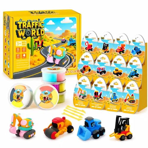 Air Dry Clay Kit for Kids – 12 Pack Construction Vehicles Modeling Clay Set | DIY Art Crafts with Sculpting Tools & Tutorials, Ultra Light Soft Magic Clay Car, Birthday Party Favors for Boys Girls - color: Yellow Traffic Kit