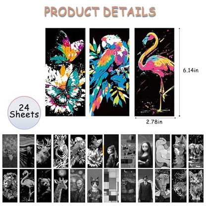 Scratch Art Bookmarks Kit, 24 Sheet Paper with Scratching Tools for DIY Party Favors, Christmas Stocking Stuffers - style: Animal Bookmark III