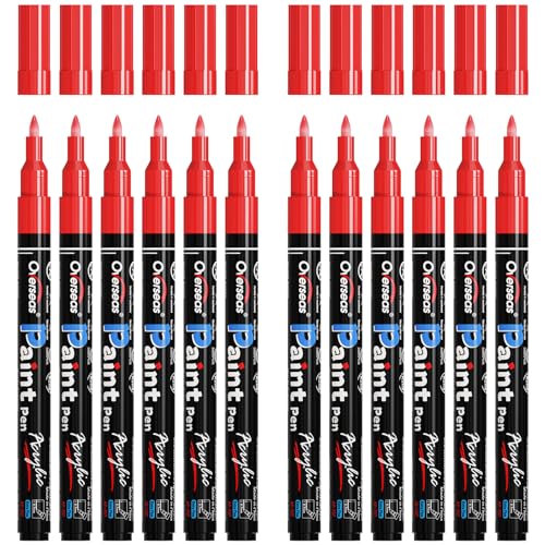 Overseas Paint Markers Pens - Red Permanent Markers Acrylic Paint Pens 12 Pack, Water Based, Waterproof, 0.7mm Extra Fine Tip Acrylic Marker for Wood, Metal, Rock, Plastic, Glass, Canvas, Fabric - color: Red