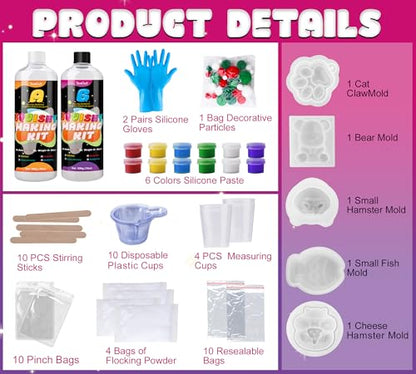 Liquid Silicone for Taba Squishy Kit 36oz, 1:1 AB Super Soft Silicone, Bubble-Free Fast Cure, DIY Squishy Making Kit with 5 Molds (Cat Paw, 2×Hamster, Bear, Taiyaki), Stress Relief Gift for Beginners - color: 36oz