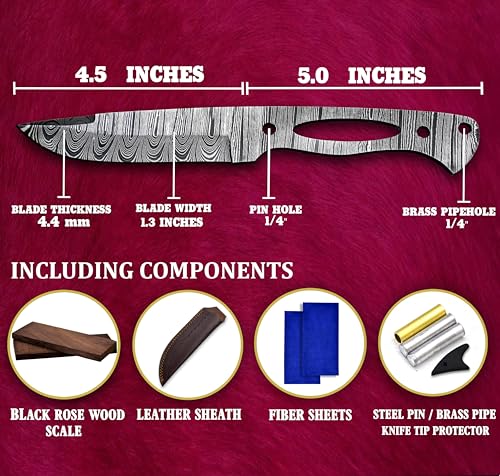 Custom Hand Forged Damascus Steel Blank Blade Knife Making Kit DIY Hunting Blade, Leather sheath, Pin, Scales,Damascus Blade Billet, Knife Making Supply (BK-E) - color: BK-E