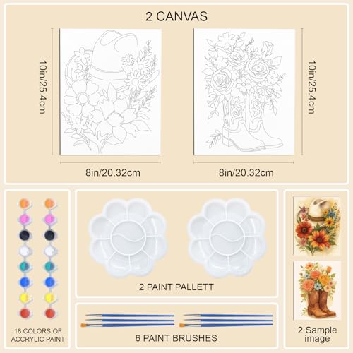 WEBEEDY 2 Pack Pre Drawn Stretched Canvas Kit for Adult Painting Flower Paint and Sip Set Coloring Outline Painting Board for Christmas Valentine's Day Paint Party Favor,8x10 Inch(Cowboy Boot and Hat)