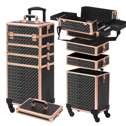 Somduy Rolling Makeup Case, Makeup Train Case with Lid, 5 in 1 Cosmetology Case on Wheels, Christmas Gift, Large Makeup Organizers, Profesional Cosmetic Case for Salon Barber, Black gold - color: Black gold