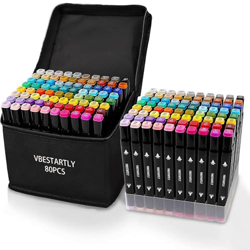 VBESTARTLY 80 Colors Alcohol Markers with Base, Permanent Dual Tip Art Markers for Adults Anime Coloring Sketch Illustrations Pefect for Gift- Refillable