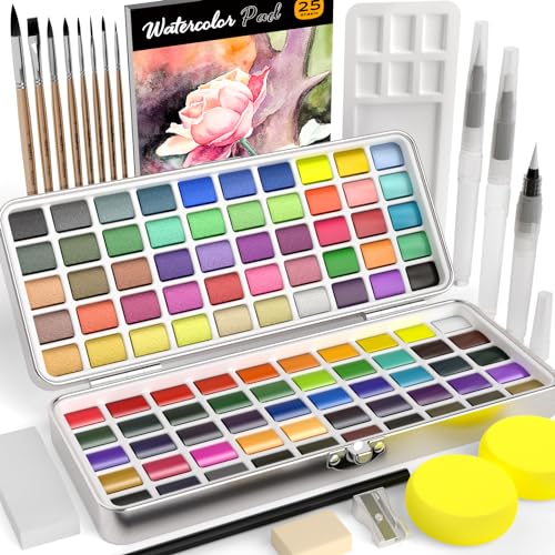 Nicpro 100 Colors Watercolor Paint Set, Metallic Macaron & Fluorescent, 8 Synthetic Squirrel Brushes, 25 Watercolor Paper, Palette, Art Supplies Kit for Artist Adult Beginner with Gift Box - color: 100 Colors Watercolor Set