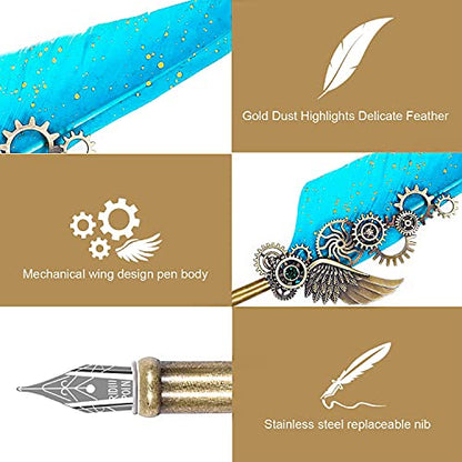 NC Quill Pen Ink Set Includes 5 Bottles of Ink and 6 Replaceable Stainless Steel Nibs, Feather Pen for Writing, Signing Invitations Etc. (Sky Blue) - color: Sky Blue