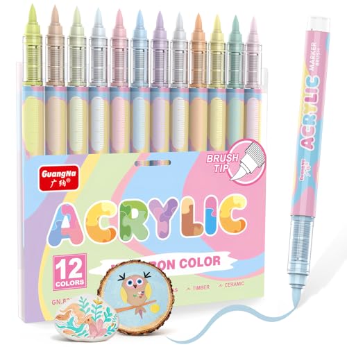 Guangna 12 Macaron Acrylic Paint Markers, Brush Tip Acrylic Paint Pens for Pumpkin Paint, Rock Painting, Wood, Glass, Paper, Coloring Book, Ceramic, Canvas, DIY Crafts, Water-Based Ink - color: Macaron A