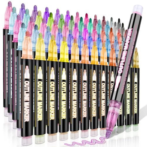 60 Colors Outline Markers, Stocking Stuffers Double Line Glitter Marker Pens Shimmer Markers for Christmas Greeting Cards, Outline Pens Art Supplies for Scrapbook Crafts DIY Art Crafts - color: 60 Colors