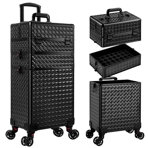 3 in 1 Rolling Makeup Train Case Professional Large Cosmetic Trolley Cosmetology Case on Wheels Traveling Cart Trunk for Hairstylist Artist Nail Beauty Salon Barber, Black - color: Black, size: 4 IN 1