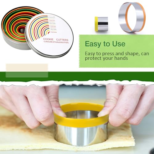 Alimat PluS Round Cookie Biscuit Cutter Set, 12 Pack Pastry Cutters in Graduated Sizes for Donut, Dough, Fondant, Clay, Stainless Steel Circle Cutter Cake Ring Molds with Colorful Rubber Coating - size: 12 Pack, Round Shape