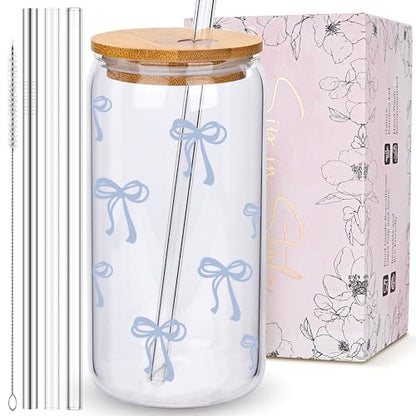 BIPEDS Coquette Cute Dusty Blue Bow Glass Cups with Lids and Straws, Aesthetic Iced Coffee Cup Girly Preppy Tumbler Mug, Christmas Valentines Birthday Gifts for Women, Teen Girl Gifts Trendy Stuff - color: 07-Bow-Dusty Blue