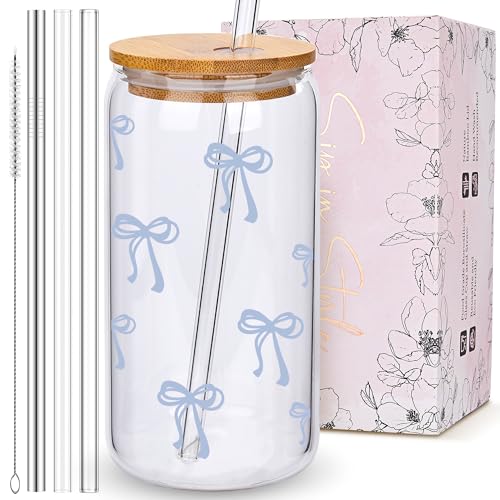 BIPEDS Coquette Cute Dusty Blue Bow Glass Cups with Lids and Straws, Aesthetic Iced Coffee Cup Girly Preppy Tumbler Mug, Christmas Valentines Birthday Gifts for Women, Teen Girl Gifts Trendy Stuff - color: 07-Bow-Dusty Blue