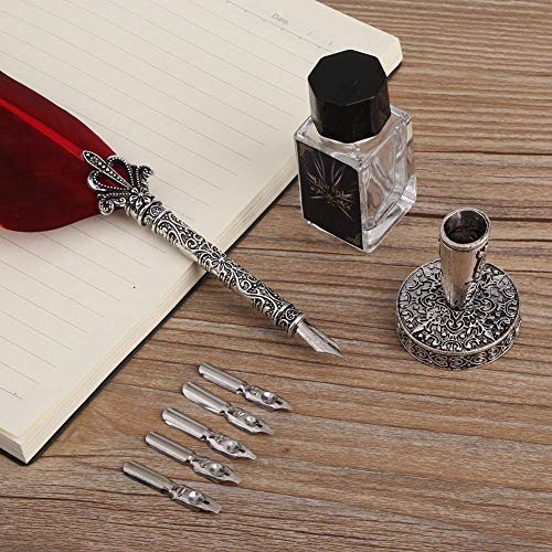 Walfront Calligraphy Quill Pen Set Vintage Red Ink Lettering 5 Replacement Metal Nibs 1 Ink Bottle Gift