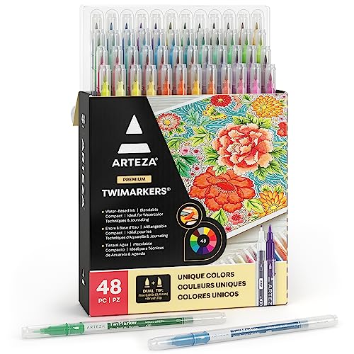 ARTEZA Dual Tip Brush Markers – Set of 48 Pens with Fine and Brush Tips, Water-Based Ink for Coloring, Sketching, Lettering & Journaling - size: 1 Count (Pack of 48)