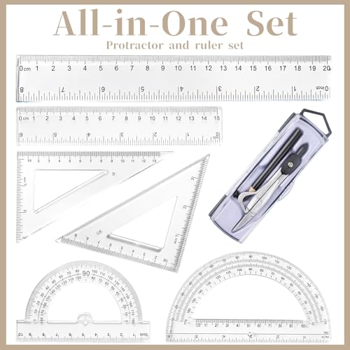 1 Set Plastic Geometry Math Set, Measuring Tool Includes Clear Ruler 12 Inch 6 Inch 6 and 3.8 Inches Protractor 45/60 Degree Triangle Rulers Compass for Office Drawing Drafting Engineering