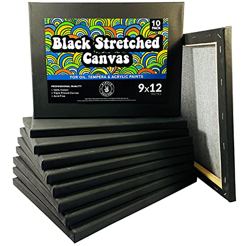 Stretched Black Canvas for Painting, 10 Pack 9x12 Blank Canvases, Gesso Primed, Ideal for Oil, Acrylic, and Watercolor Art, Perfect for Artists and Painting Projects - size: 9x12