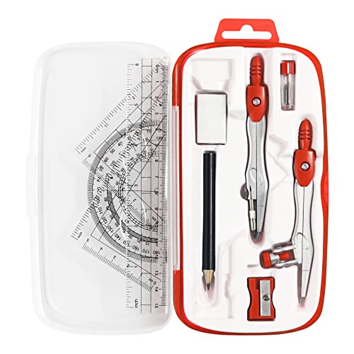 Unjoo Math Geometry Set 10 Pcs, Compass and Protractor for Students (Red | Shatterproof Storage Box,Rulers,Protractor,Compass,Eraser,Pencil Sharpener,Lead Refills,Pencil,for Classroom, Back to School - color: Red1