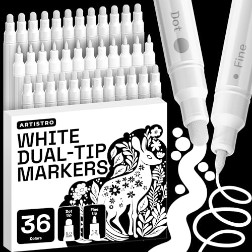 ARTISTRO 36 White Dual-Tip Acrylic Paint Markers – Paint Pens Set with Dot & Fine Tips for Fabric, Rock, Glass, Wood, Coloring Books – Arts & Crafts Gift – Classroom Must Haves & School Supplies - style: White