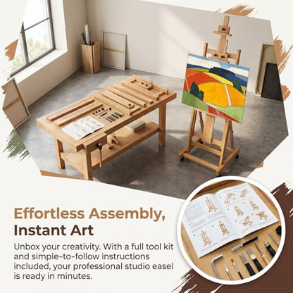 H-Frame Easel for Painting, Adjustable Beech Wood Studio Floor Easel, Holds 2 Canvases up to 77" with Tilting Flat, Heavy Duty Artist Easel Stand for Adults, All Media Versatile