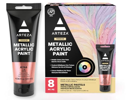 ARTEZA Pastel Acrylic Paint, Set of 8, Metallic Tones, 4.06 fl oz Tubes, High Viscosity Water-Based Paint, Glossy Finish, Art Supplies for Painting Paper, Canvas, Wood and Fabric, and DIY Projects - style: 8 x 120ml (4.06 fl oz) Pastel