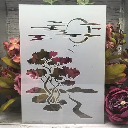 TIAMECH A4 Reusable Night Scene Stencil for Painting | Moon Road Tree Mountain Layering Template, DIY Wall Art, Wood Furniture, Scrapbook & Crafts (8.3x11.7inch) - style: Moon Road