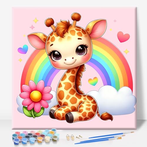Camocin Framed Paint by Numbers Kit for Kids Ages 4-12 - Giraffe Theme DIY Acrylic Painting Set with Frame for Beginners, Complete Art Kit with Canvas, Brushes & Paints - 10x10 Inch Home Decor Gift - color: Giraffe-1