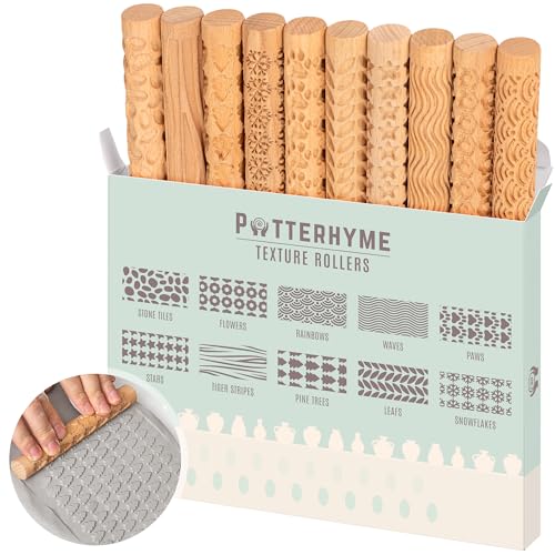 10pcs Wooden Clay Texture Rollers Set for Pottery & Ceramics - Potters Stamp Roller Tools for Ceramic Slabs - Textured Rolling Pins for Modeling, Painting & Glaze Design - 5 x 0.63 inch - color: Regular