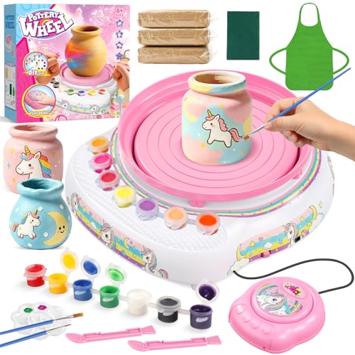 Weilim Pottery Wheel for Kids Beginners, Air-Dry Clay & Paint Kit Ages 6-12 | 3 Clay Packs, 14 Paint Colors, Sculpting Tools, Brushes, Palette,Apron; Gentle Beginner Spin, USB Rechargeable, No Oven - color: Unicorn