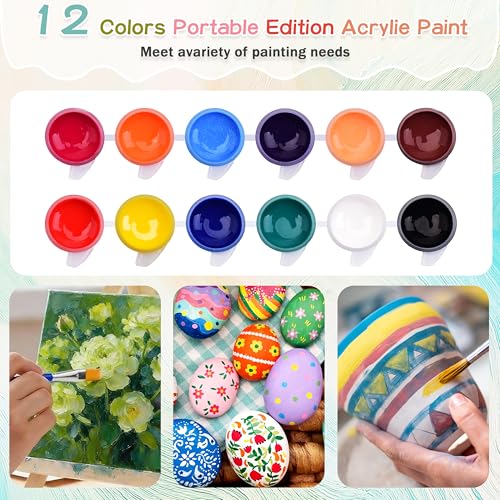 4 Pack 8x10 Inch Canvas and Easel Set, Sip and Paint Kit for Adults,Art Canvas Bulk with Easels Stands, Trays,Small Paint Brushes,12 Colors Mini Acrylic Paint Set for Couples and Party Supplies