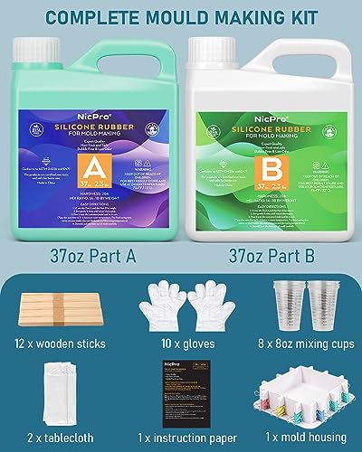 74oz Platinum Silicone Mold Making Kit with Molds Housing & Mixing Cups, 1:1 Ratio, 20A Medium Hardness, Non-Toxic Liquid Silicone Rubber for Resin, Jewelry, Craft Molds - size: 74oz
