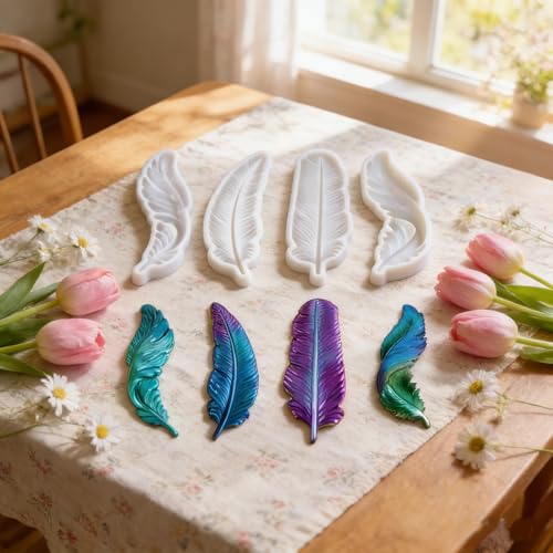 4-Piece 3D Feather Resin Molds Set, Decorative Wall Art Silicone Molds for Epoxy Casting, Home Decor Craft Making