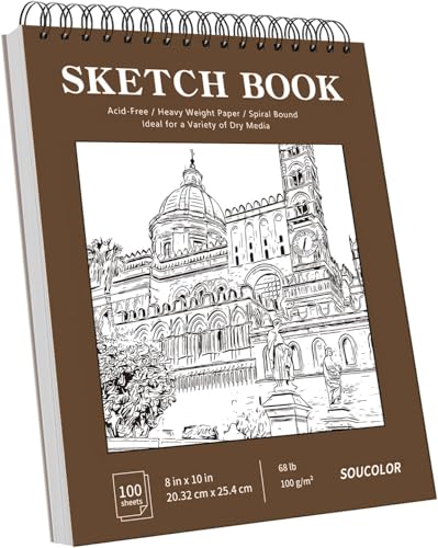 Soucolor Sketch Book 9x12, 100 Sheets Drawing Pad, Art Sketchbook for Kids | 68lb acid-free Paper,no bleed-through, clean erase, top spiral lay-flat, micro-perforated, for kids, adults, all skill levels - color: Brown, size: 9" x 12" (Pack of 1)
