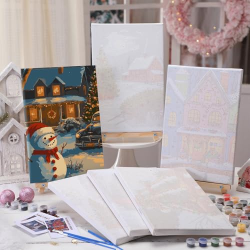 YooNotee 6 Pcs Winter Wonderland Paint by Numbers Kit for Adults 12x8 Inch Christmas Themed Canvas with Easel, DIY Oil Painting for Beginners, Home Wall Decor - style: Tree