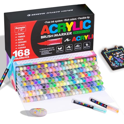 KsopiaVobs 168 Color Acrylic Paint Markers, Soft Brush Tip Acrylic Paint Pens, Quick-Drying Waterproof Markers for Canvas, Rock, Wood, Stone, Glass, Ceramic, Fabric Painting - color: 168 Color