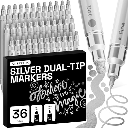 ARTISTRO 36 Silver Dual-Tip Acrylic Paint Markers – Paint Pens Set with Dot & Fine Tips for Fabric, Rock, Glass, Wood, Coloring Books – Arts & Crafts Gift – Classroom Must Haves & School Supplies - style: Silver