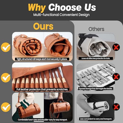 Wood Carving Tools, Wood Carving Kit of 12 Chisels, 1 Nylon Hammer & Leather Bag, CR-V Wood Chisel Set Whittling Kinves Kit, Carving Knife Set for Beginners, Carpenters