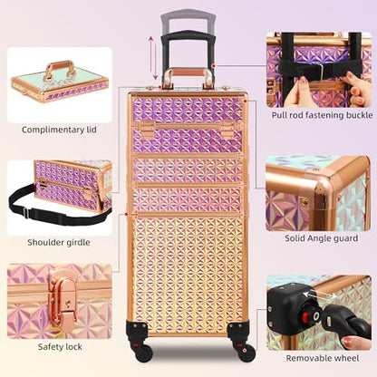 Somduy Rolling Makeup Case, Makeup Train Case with Lid, 5 in 1 Cosmetology Case on Wheels, Christmas Gift, Large Makeup Organizers, Profesional Cosmetic Case for Salon Barber, Bright Pink - color: Bright Pink