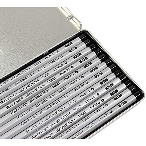 Graphite Pencils Kit Marco Raffine Sketch - Set of 12 Ebony Drawing Supplies 2H, H, F, HB, B, 2B, 3B, 4B, 5B, 6B, 7B, 8B In Tin Box. Perfect for Sketching, Shading. Suitable for School, Artists.