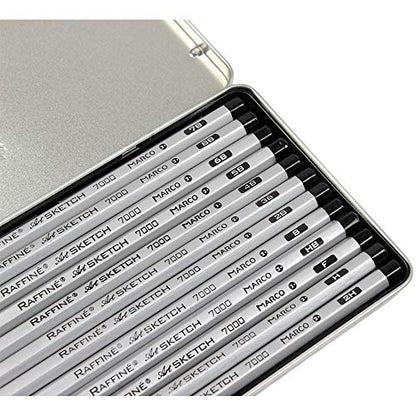 Graphite Pencils Kit Marco Raffine Sketch - Set of 12 Ebony Drawing Supplies 2H, H, F, HB, B, 2B, 3B, 4B, 5B, 6B, 7B, 8B In Tin Box. Perfect for Sketching, Shading. Suitable for School, Artists.