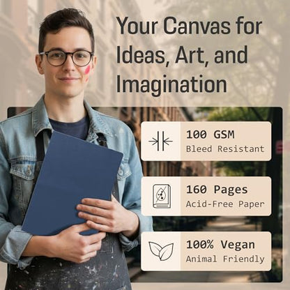 BROWNSTONE JOURNALS A4 Sketch Book Hardcover - 80 Sheets 100 GSM Paper 8.5"x11.5", Lay Flat, Vegan Leather Cover, Elastic Band, Back Pocket, Art Drawing Book (Symphony Blue) - color: Symphony Blue, size: A4 (8.5" x 11.5")