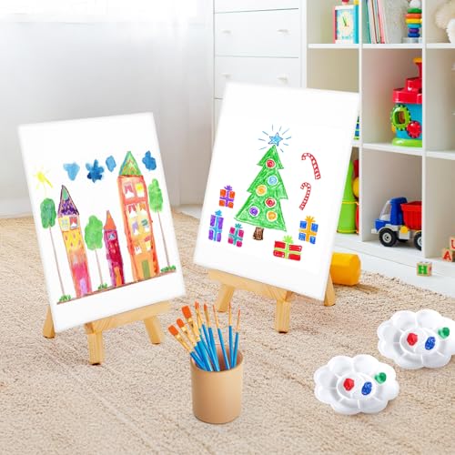 20 Pack Mini Canvas and Easel Set, 5.9 X 5.9 inch Small Painting Canvas Panel with Mini Easel, Mini Canvases with 10 Brushes & 5 Paint Tray,Art Canvases Painting Kit for Birthday Party Favors